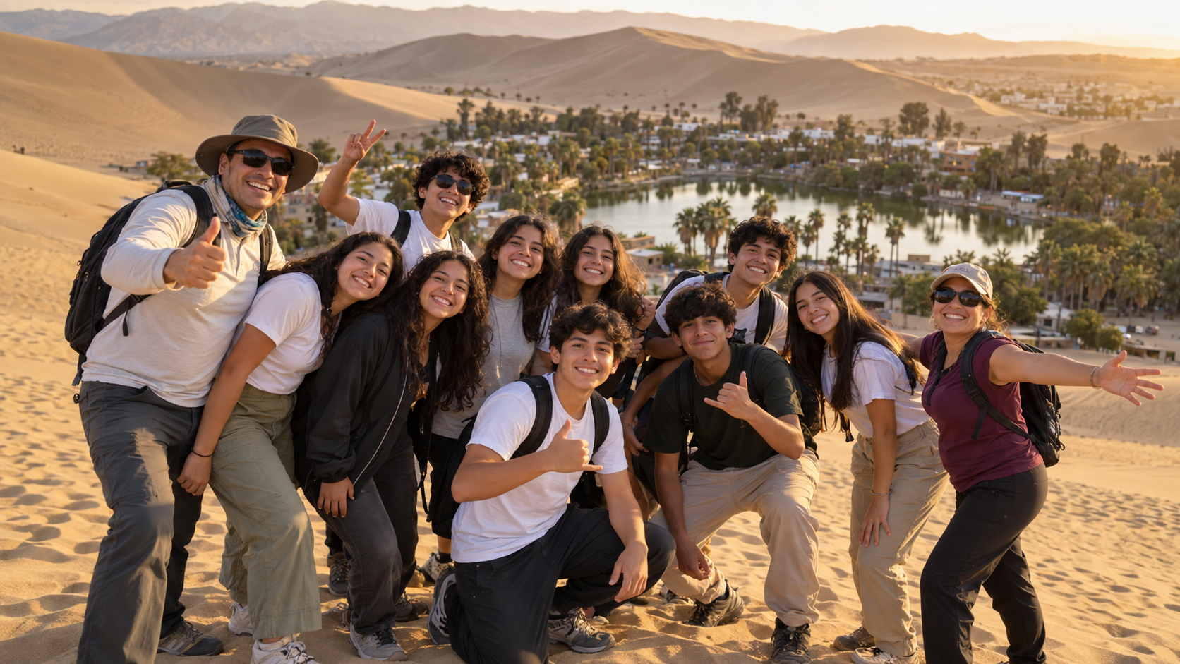 Grupo de estudiantes disfrutando las dunas de Ica